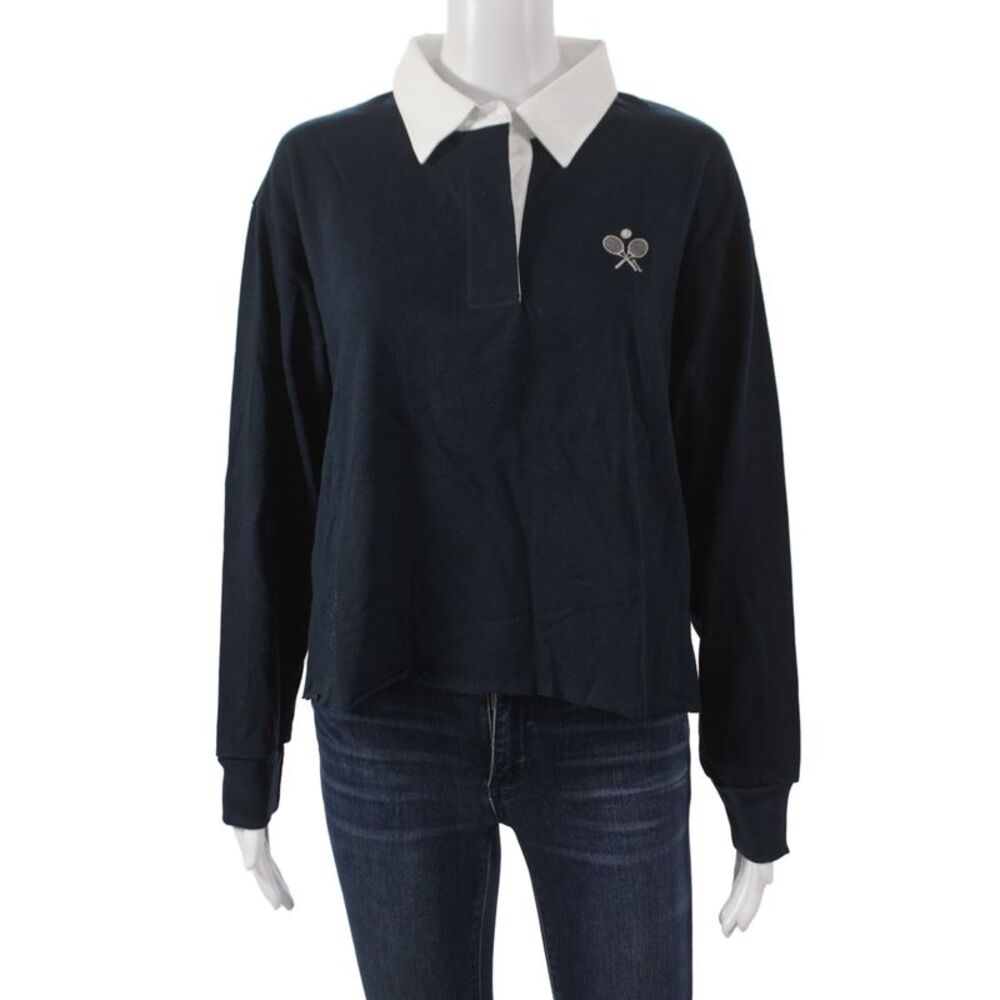Stateside Women Cropped Polo Blue Cotton Collared Long Sleeve Size M